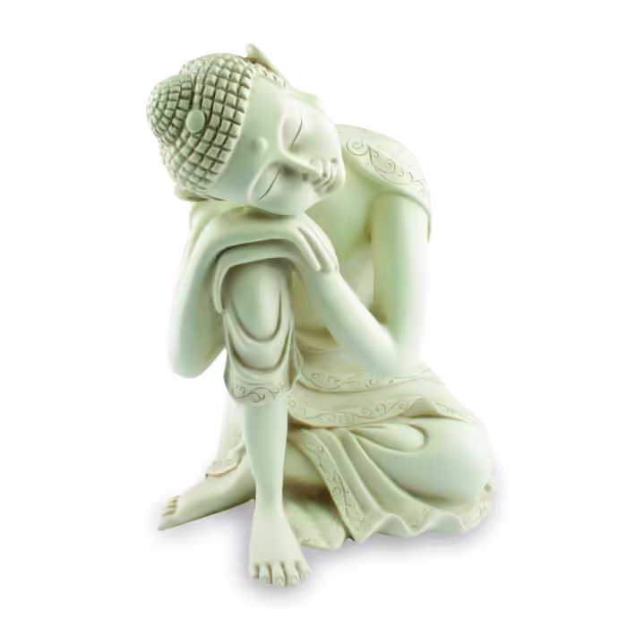Buddha szobrok - Gondolkodó Buddha szobor - 26 cm  Buddha nyugodt, boldogító testtartásban. Ez a gyönyörű, matt elefántcsont s
