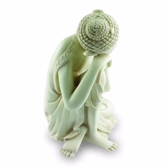 Buddha szobrok - Gondolkodó Buddha szobor - 26 cm  Buddha nyugodt, boldogító testtartásban. Ez a gyönyörű, matt elefántcsont s